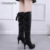 Leder Schwarze Kniehohe Stiefel Hoher Absatz Plateau-Schuhe Gefaltete Elegante Mode Lange Stiefel Größe 34-40 Hohe Stiefel Damenschuhe