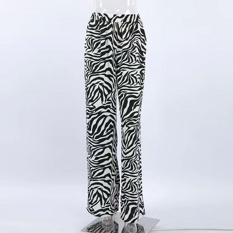 

Western Style Casual High Waist Black and White Stripe Print Wide Leg Pants High Waisted Wide Leg Pants Black and white Stripes L