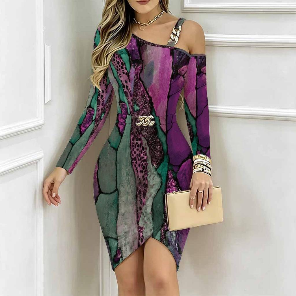 Women Plus Size Asymmetric Cold Shoulder Long Sleeve Beige Gold Marble Print Irregular Wrap Bodycon Midi Dress