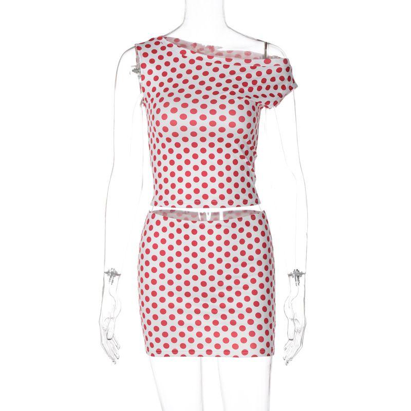 

Wave Point T-shirt Hip Wrapping Skirt Set Polka Dot T-shirt Bodycon Dress Suit Rose Red L
