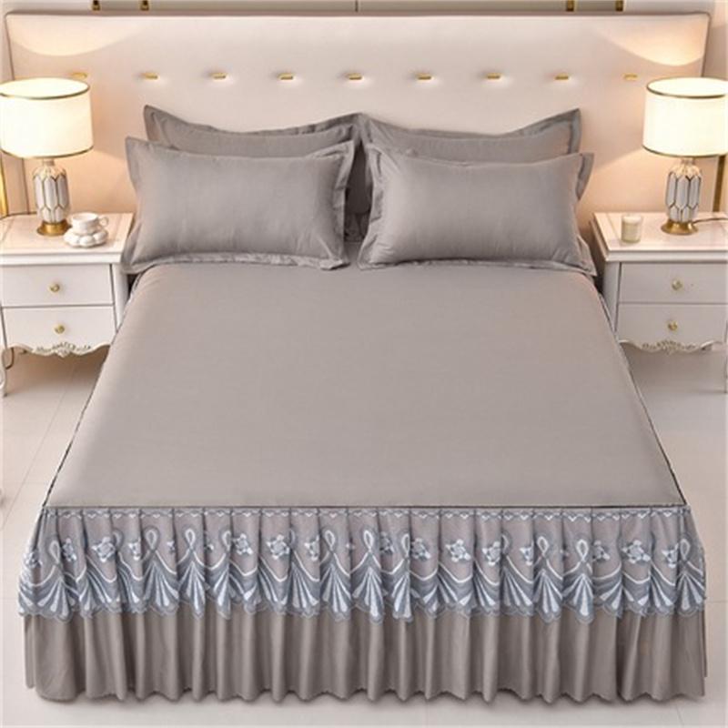 Lace Bed Skirt with Pillowcase Solid Color Bed Cover Skin-friendly Mattress Protector Cover Brushed Bed Linen for Home