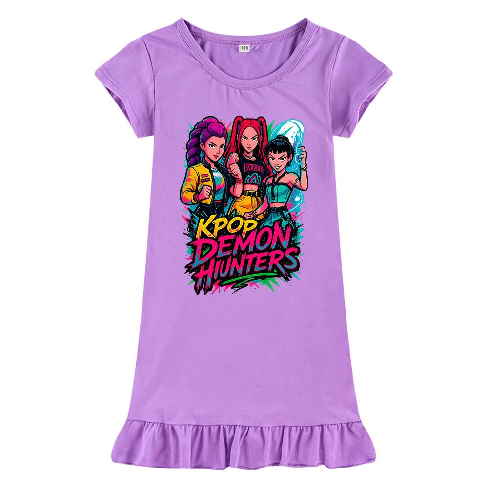 M1213 Kids Girls Kpop Rumi Zoey Mira Print Short Sleeves Ruffle Dress