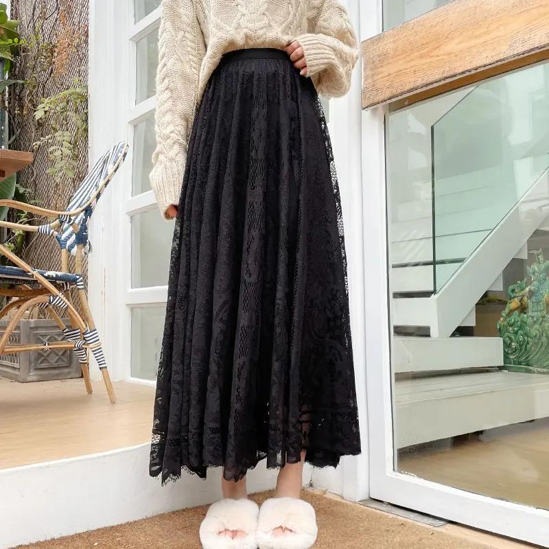 Spring Summer Women Long Skirt Fairy Palace Style Custom Lace Oversize Pendulum Mid-length Female Skirts