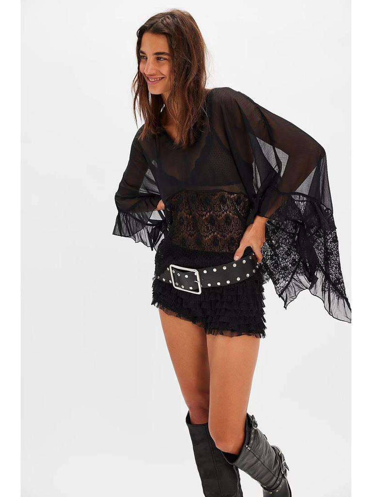 Women's Batwing Sleeve Mesh Cover-up: Spring/Summer Loose Beach Top with Lace Patchwork and Sun Protection.