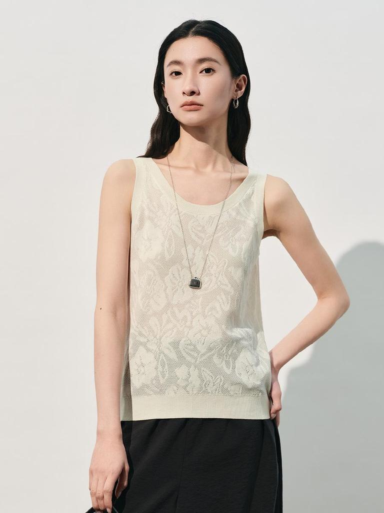 Elegant Women's Silk Jacquard Sleeveless Knit Top - High-Quality Summer Style