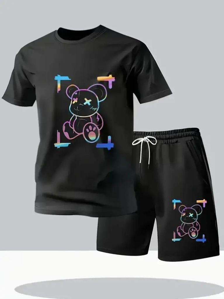 Summer Casual Little Bear Print Two-Piece Set: Trendy Short Sleeve + Shorts, Cool Street Style.