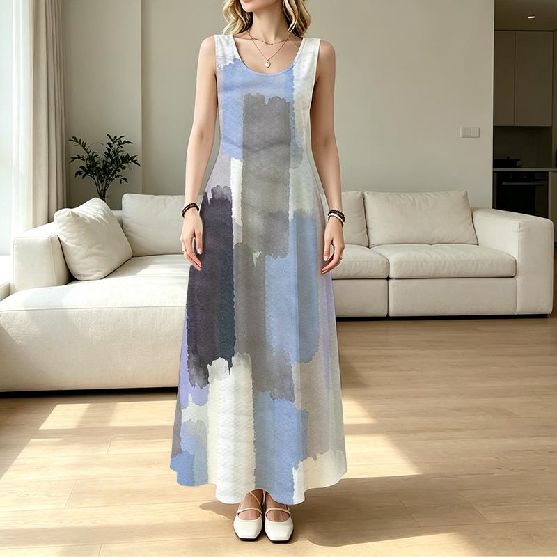 Sleeveless Watercolor Flowy Maxi Dress,Lightweight Swing Design,Versatile for Beach Vacations & Daily Casual