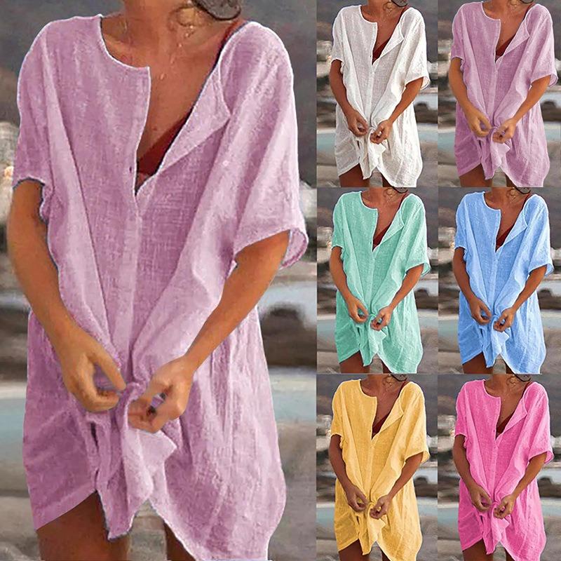 Camisa para Mujer Talla Mediana Larga Holgada Color Sólido Manga Corta Cuello Redondo Protección Solar