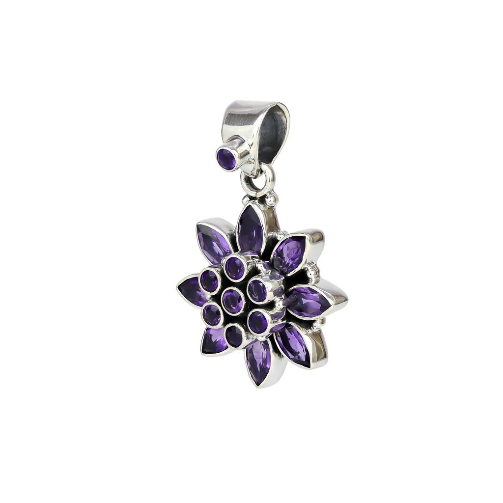 Natural Amethyst Flower Pendant for Women 925 Sterling Silver Pendant