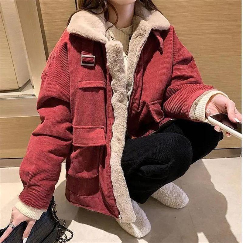 

Женская стеганая куртка, толстая бархатная куртка, зимняя теплая однотонная верхняя одежда с длинным рукавом, винтажное короткое женское пальто 2XL красный