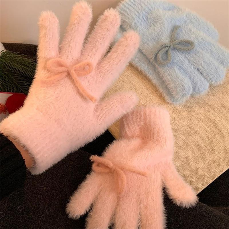 Cute Sweet Bow Plush Gloves Cold-Proof Gloves Student Winter Warm Five-Finger Gloves Women Fashion Accessories Christmas Gifts