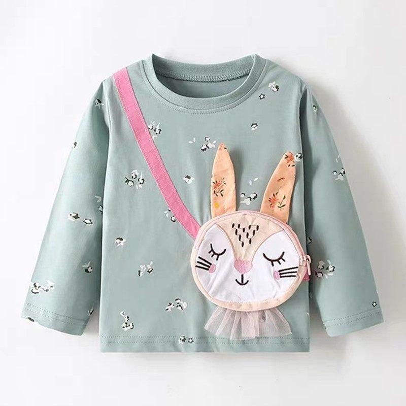 Cartoon-Style Girls' T-Shirt, New Spring Fashion, Stylish Three-Dimensional Outerwear, Pure Cotton, Cute Rabbit Embroidery, Base Shirt