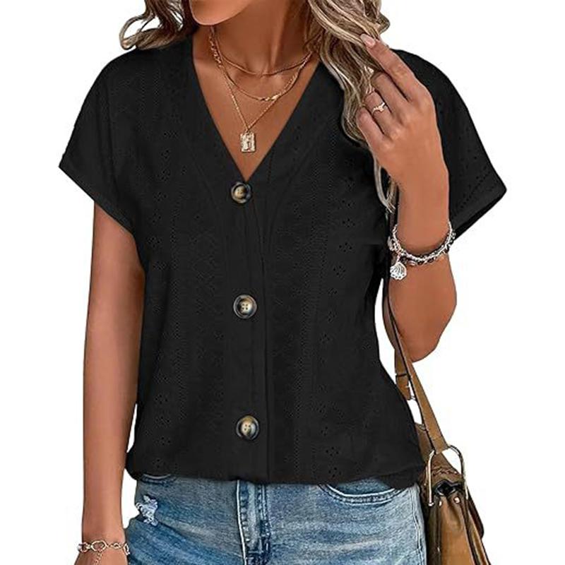 Ladies Summer Short Sleeve V Neck Button Solid Color Jacquard Pullover Hollow T Shirt Top