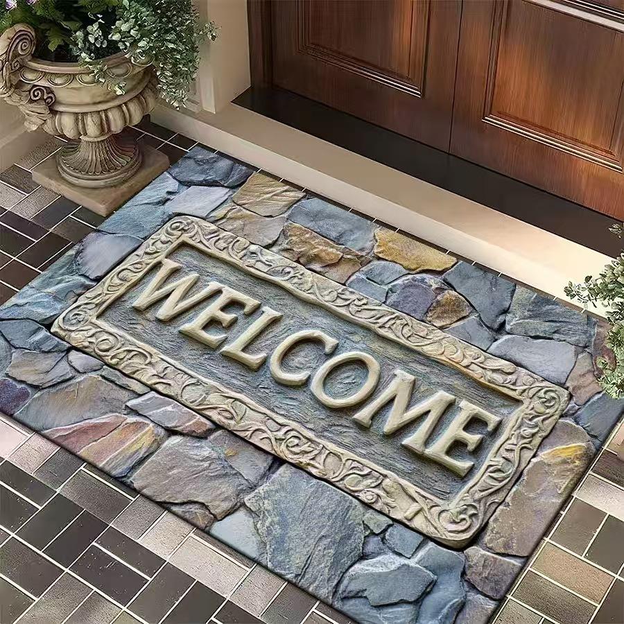 3D Vintage Stone Texture Welcome Doormat Collection Anti-Slip Entrance Rug With Artistic Embossed Design For Home Decor