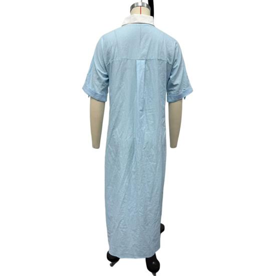 Sommer-Maxikleid für Damen Knopfleiste Kurzarm Tunika-Hemdkleid Lässig Reise Urlaub Locker Lang