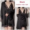 Sexy Camicia da Notte con Scollo a V Profondo e Maniche Lunghe, Allacciatura, Raso, Pizzo, Set Pigiama/Loungewear con Gonnellino Sospensorio in Pizzo