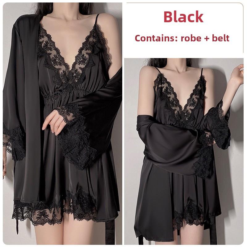 Sexy Camicia da Notte con Scollo a V Profondo e Maniche Lunghe, Allacciatura, Raso, Pizzo, Set Pigiama/Loungewear con Gonnellino Sospensorio in Pizzo