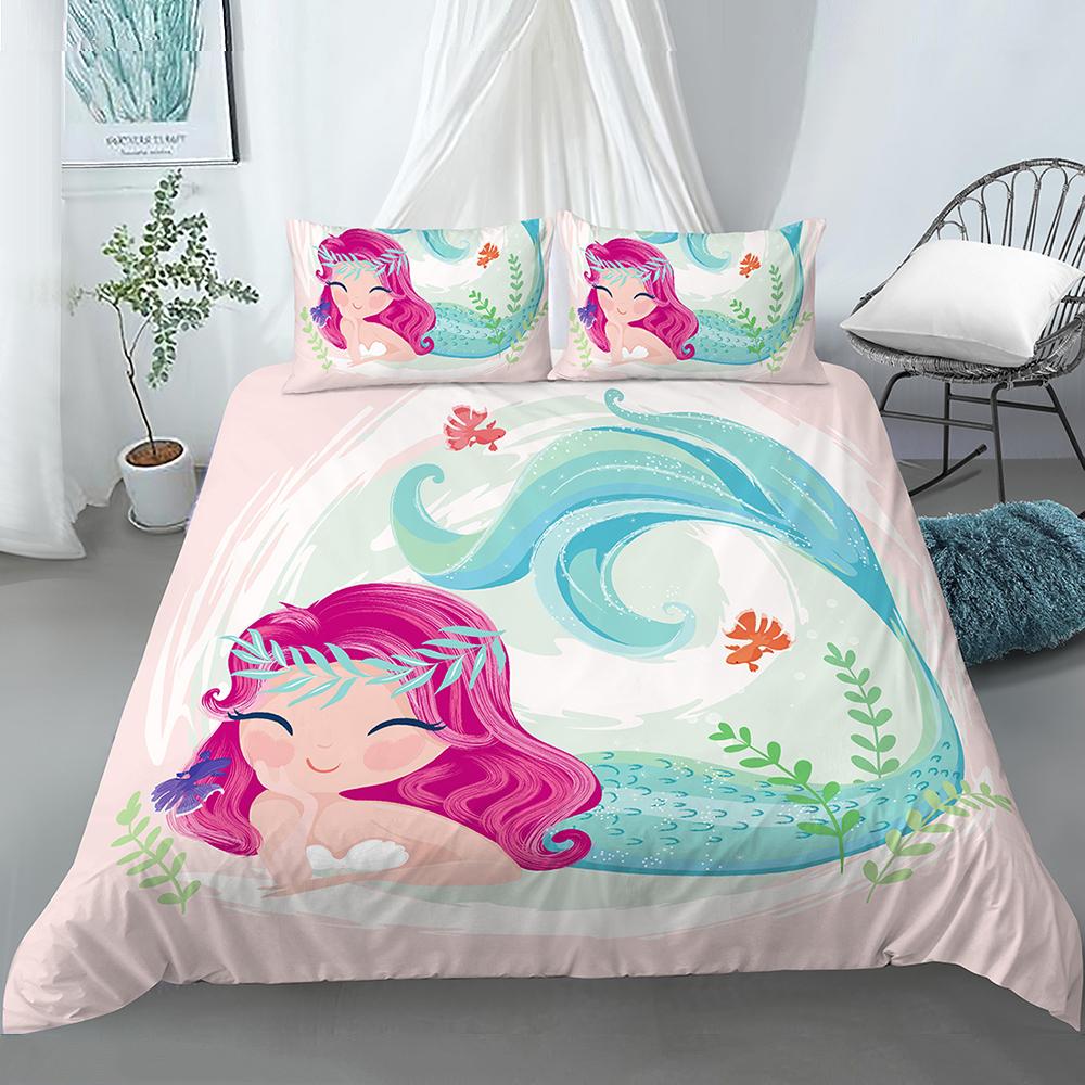 Bedding Set Girls Mermaid Duvet Cover Set With Pillowcase Cartoon Edredones Niños Girl Princess Quilt Cover Full Size Bedspread