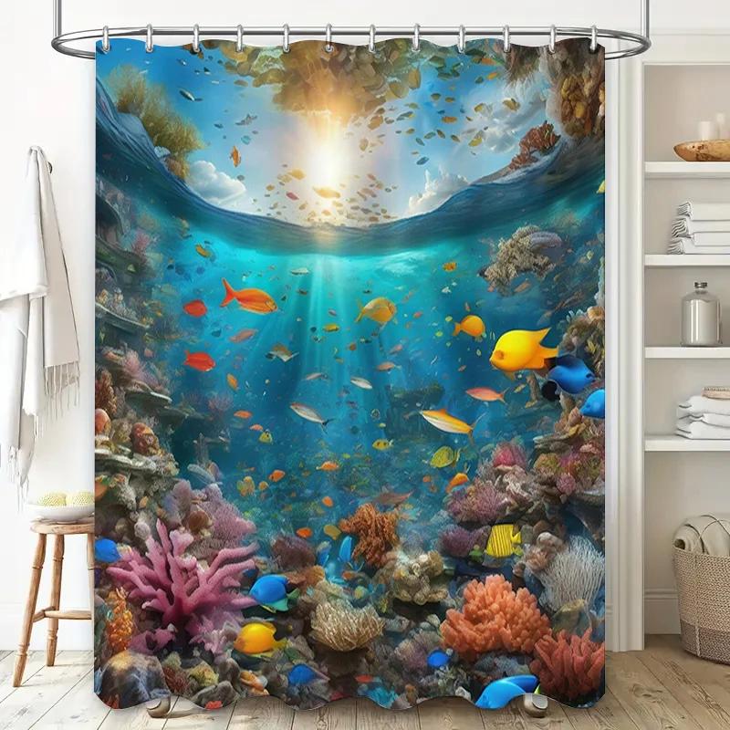 Tenda Doccia Mondo Sottomarino Stampa Scena Oceanica Tessuto Impermeabile Decorazione Bagno Per Decorazione Casa Pesci Vivaci Barriere Coralline Desi