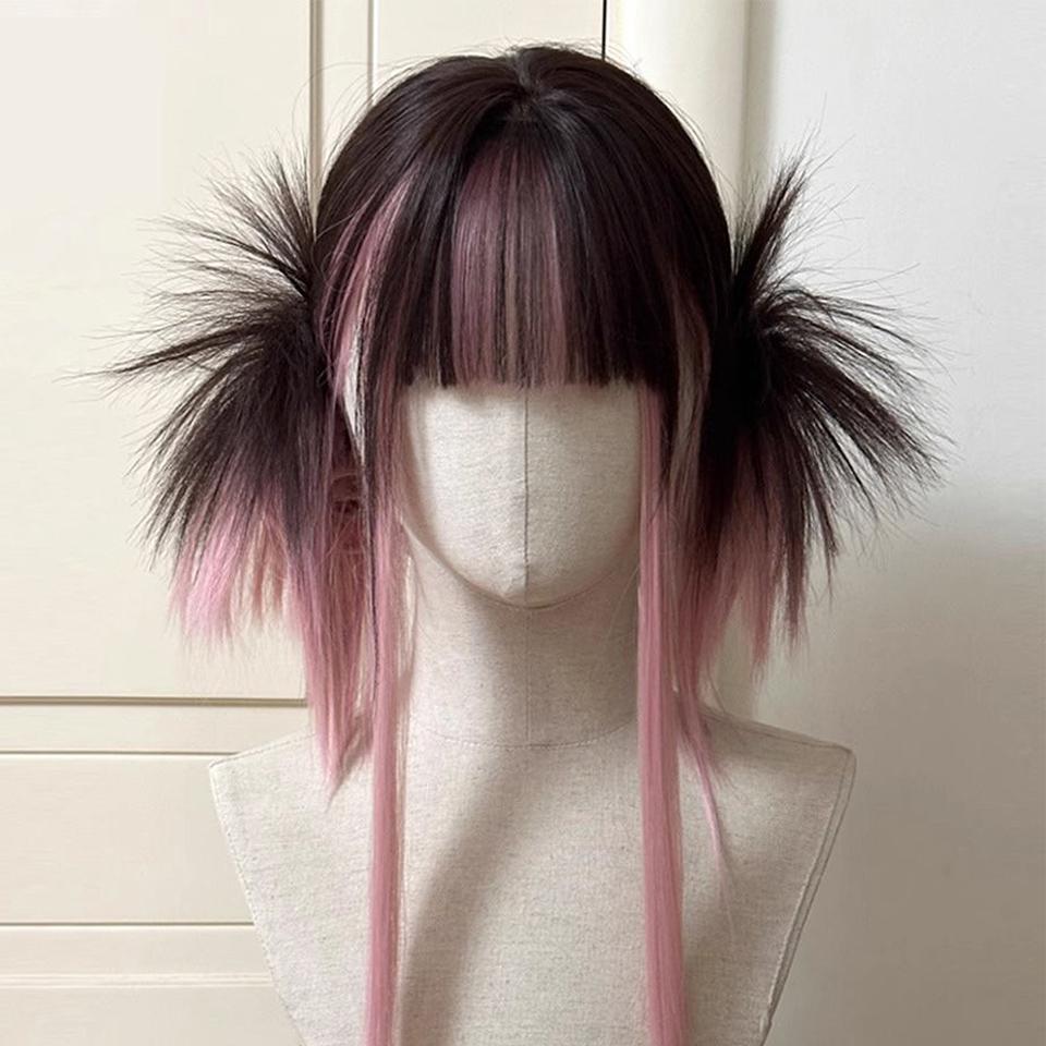 

Парик из искусственного волоса Tiger s Mouth с двойным хвостиком, женский, в стиле Эбби, в стиле Лолиты, с прямой челкой, черными прядями, розовым париком для вечеринки в стиле косплея 50cm