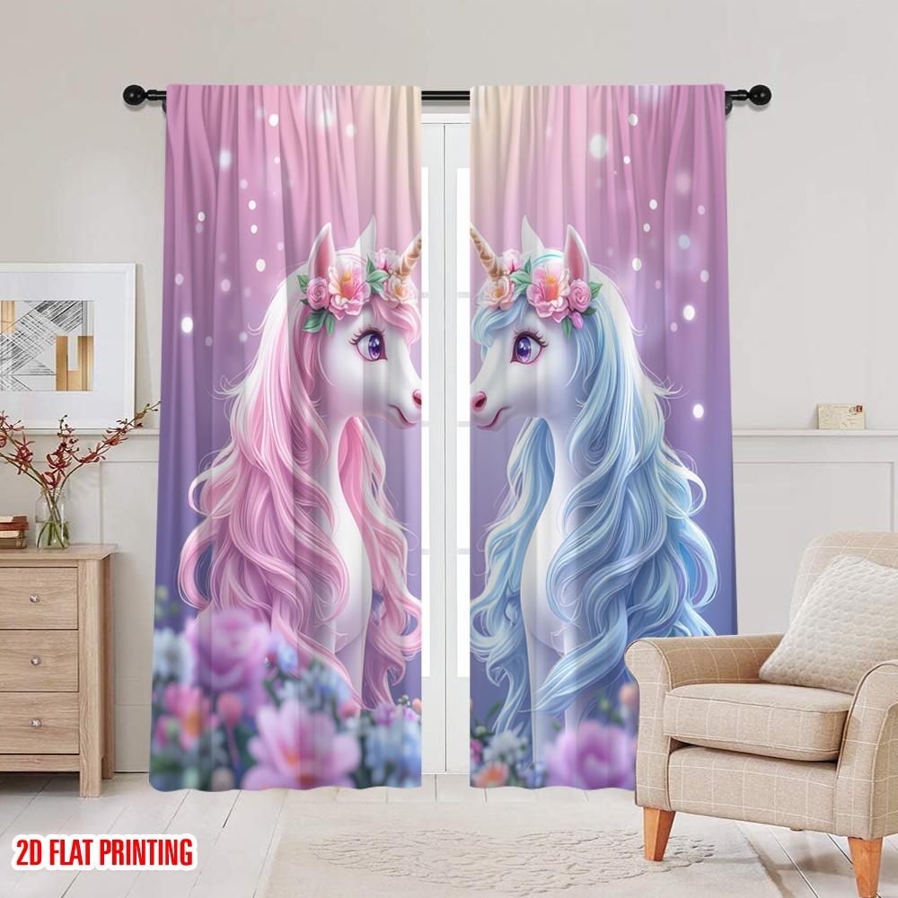 2D Flat Printing 2pcs Window Curtains Rainbow Floral Unicorn Versatile Durable Polyester Without Electricity Festive Wall Decor