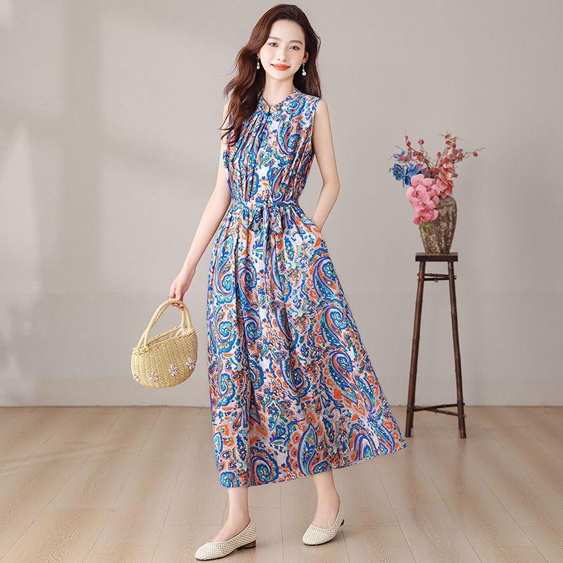 Elegant Floral Plus Size Cotton Silk Summer Dress for Middle-Aged Women