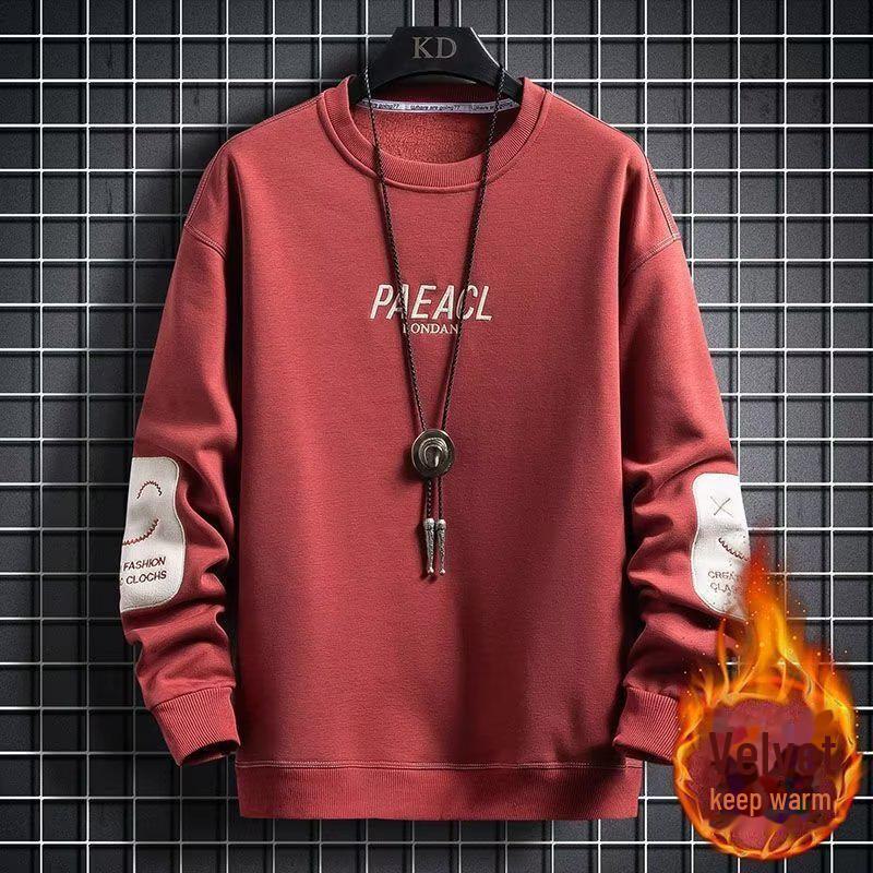 

«Мужской осенне-зимний флисовый свитер с круглым вырезом и вышивкой — плюс бархат, плотный и свободный крой» Large красный