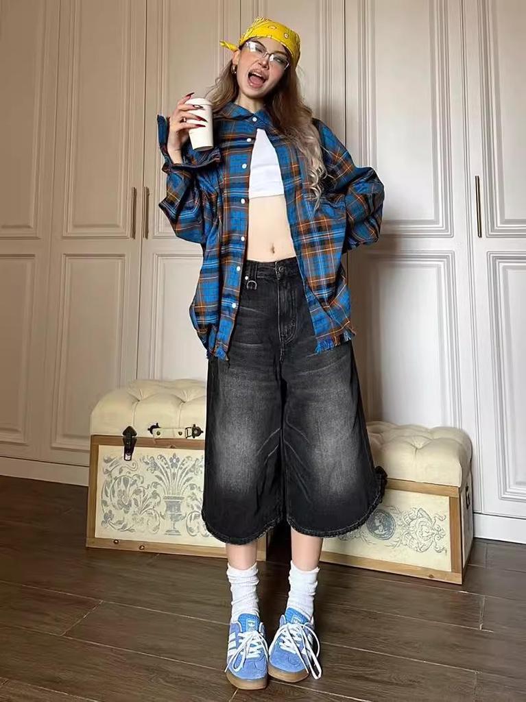 Damen American Style Retro Schwarze Denim Capri-Hosen - Sommer Locker Mittellang Fünf-Punkt Gerade Bein Übergröße Shorts