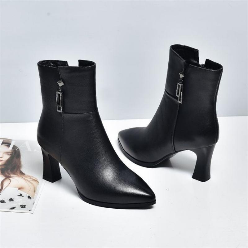 New Women'S Pointed-Toe Boots - Chunky Heel Ankle Booties With Soft Leather & Waterproof Design, Fashion High Heel Boots
