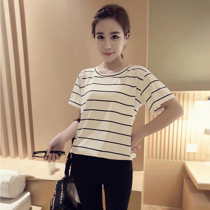

Женская футболка в полоску с круглым вырезом и коротким рукавом, женская свободная тонкая студенческая футболка, женские повседневные топы L