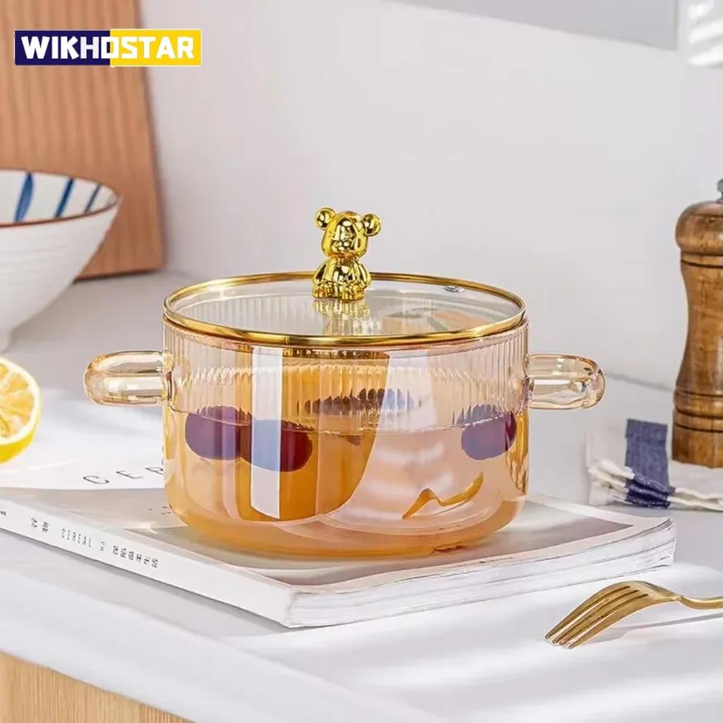 1500ML Klare Glas-Stielkasserolle mit Doppelgriffen Suppenkochtopf mit Deckel Hitzebeständige Küchenkochwerkzeuge