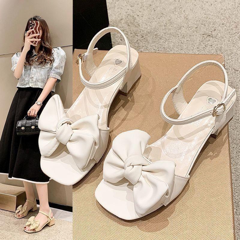 Medium Heel Beautiful Temperament Fashion Women's Shoes 2025 New French Bow Sandals Women's Summer Wear Exquisite High Sense