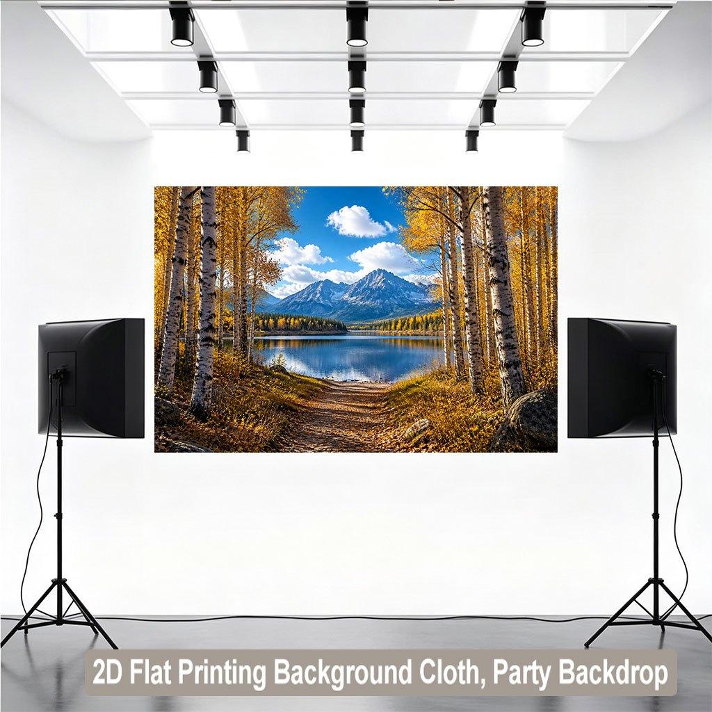 1 Piece of 2D Flat Background Fabric, Golden Leaves by the Lake In the Deep Autumn Scenery, Suitable for Party Use