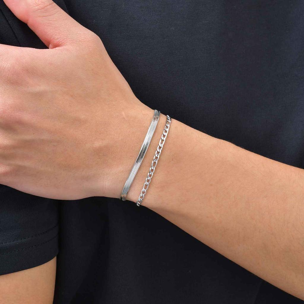 2pcs Men's Flat Chain Bracelet,Silver Color Stainless Steel Adjustable Wristband,Minimalist Unisex Jewelry Gift