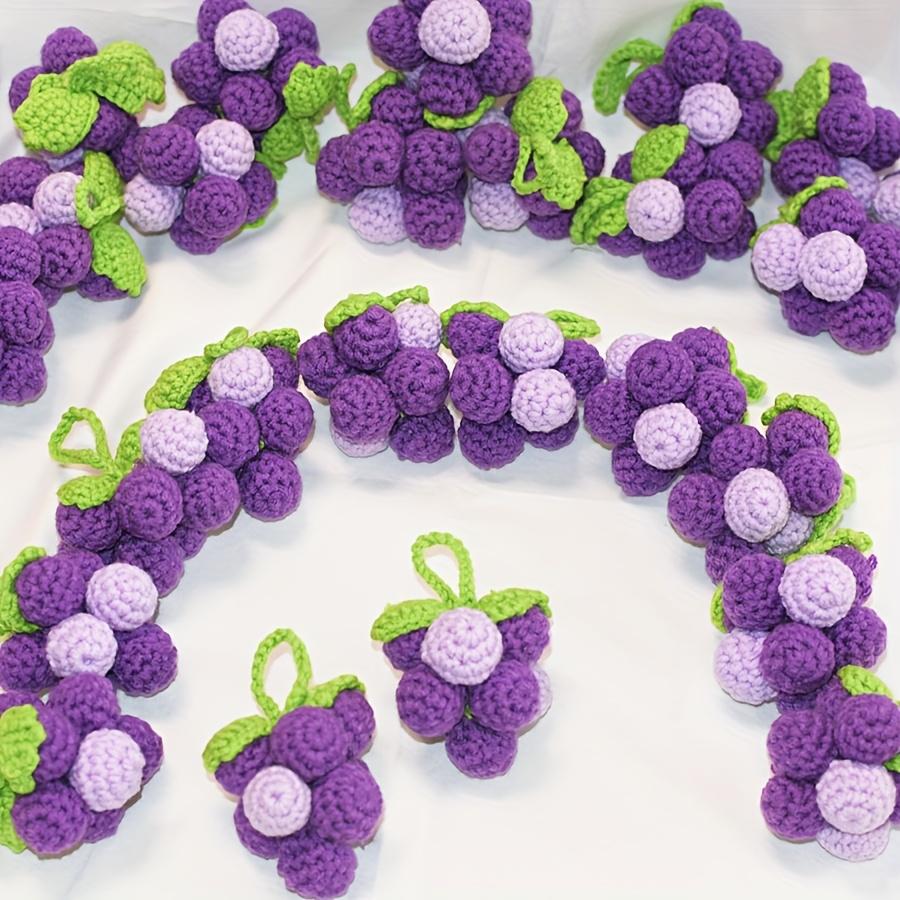 2pcs Handmade Crochet Grape Keychain - Purple Knitted Hanging Decoration with Green Leaves, Artifical Crocheted Fruits