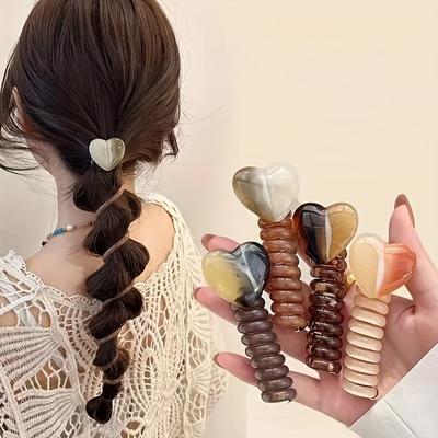 4-delige Set Elegante & Schattige Hartvormige Spiraal Haarelastiekjes - Hars, Kleurrijke Paardenstaart Houders Voor Vrouwen En Meisjes