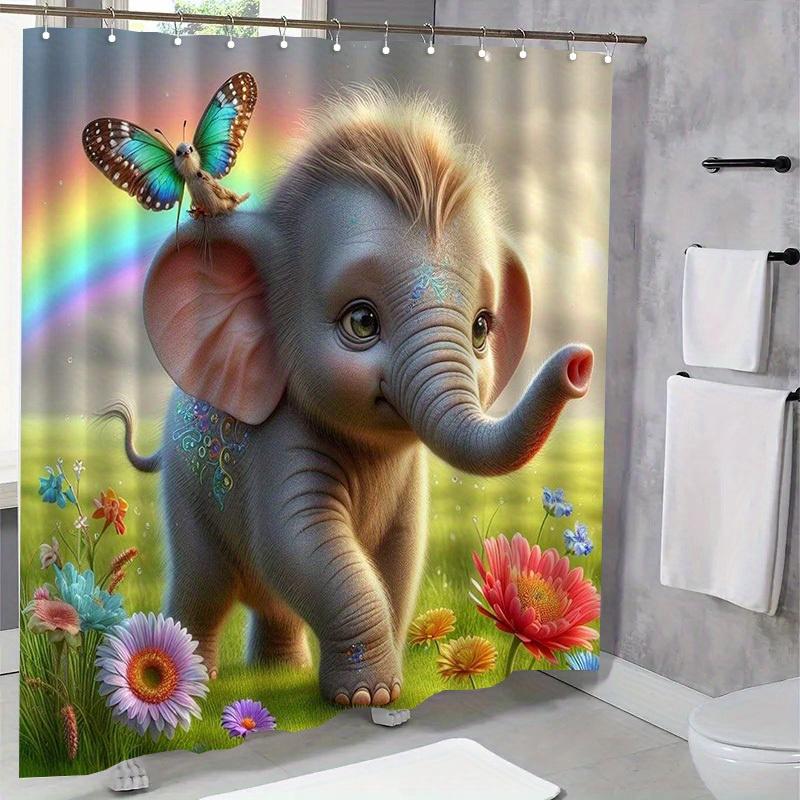 Cute Elephant Shower Curtain Baby Elephant with Butterfly Rainbow Flowers Art Kids Decor Waterproof Fabric Bath Curtain Set Home