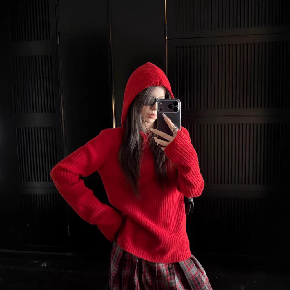 Women's Red Wool Hoodie - Zodiac Year of the Horse, New Year's Eve Edition, Autumn/Winter Knit Sweater