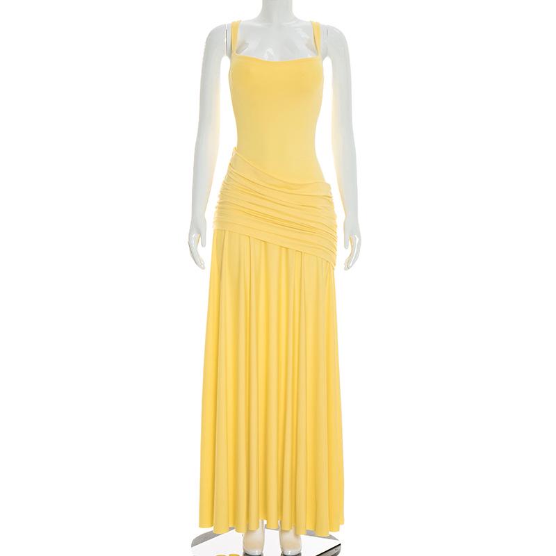 

J26DS081 Elegant European & American Style Sleeveless Pleated Long Dress for Women Medium