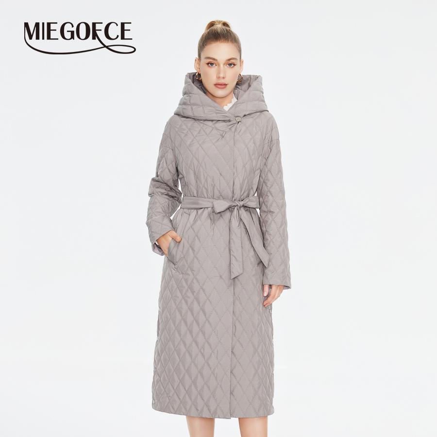 

MIEGOFCE весна осень длинная однотонная женская стеганая куртка с капюшоном с поясом женское пальто ветрозащитная повседневная парка