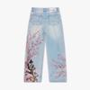 Damen Jeans mit hohem Bund und weitem Bein Lockerer Schnitt Sakura Knight Stickerei Helles Denim Hosen Amerikanischer Vintage Streetwear Lässige Lange Hosen