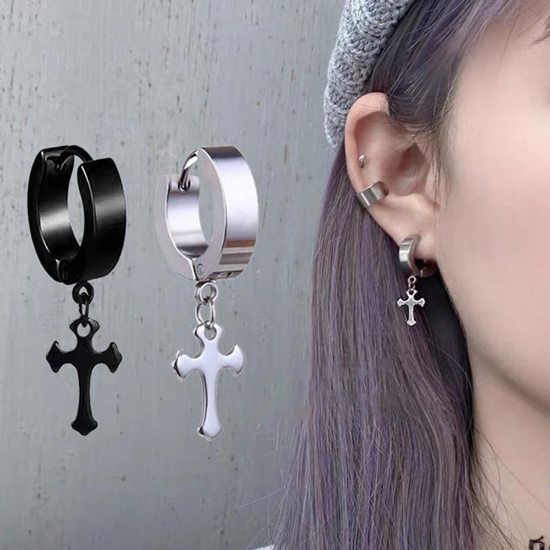 1pc Mode Coréenne Acier Inoxydable Boucles d'Oreilles Pendantes Croix Forme Spéciale Femme Boucle d'Oreille Punk Rock Piercing Créoles Zircon