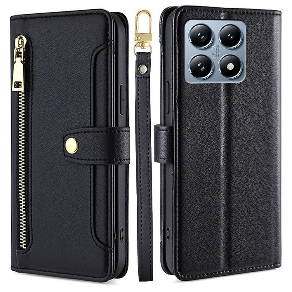 For Xiaomi 14T Pro Leather Case Zipper Pocket Wallet Phone Cover with 2 Straps
