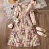 Rochie la modă pentru fete, Rochie elegantă de toamnă pentru copii cu mâneci lungi și talie marcată, cu imprimeu floral