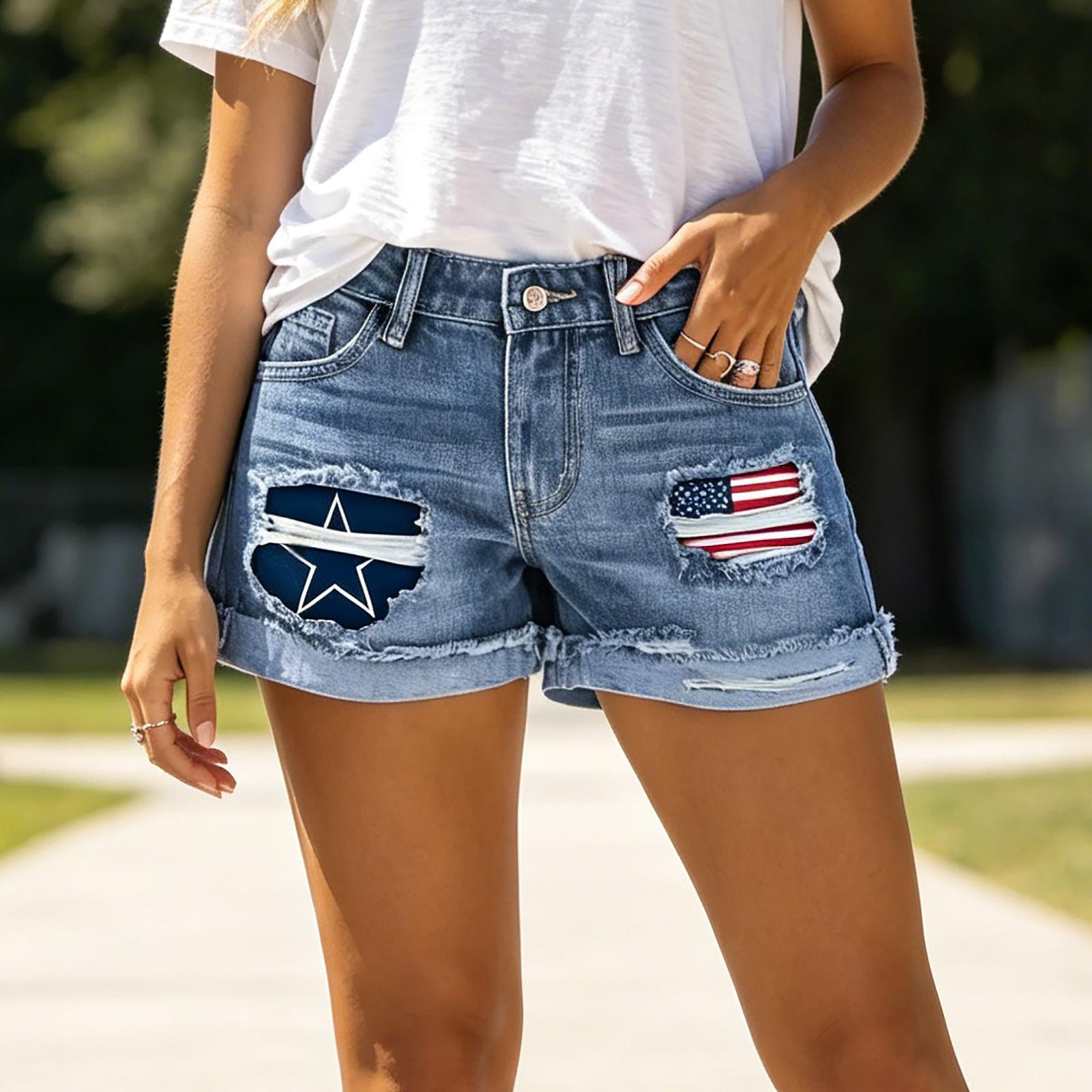 Women s Mid Rise Denim Shorts Vintage Washed Distressed Embroidered Patch Casual Summer Jean Shorts with Frayed Hem Relaxed Fit M синий