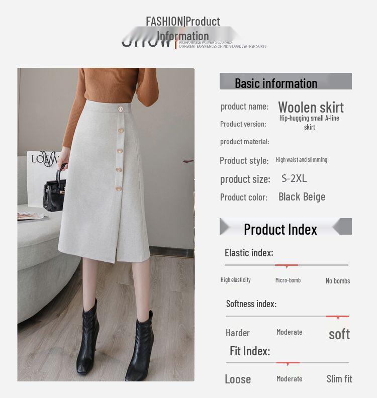Black A-line Woolen Skirt: Hip-Hugging Design for Pear-shaped Figures, Thick Material for Autumn/Winter 2025, Mid-length.