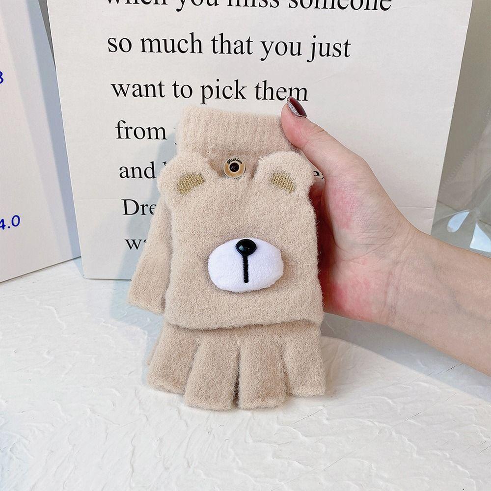 

Gift Windproof Bear Korean Mittens Women Flip Gloves Half Finger Flip Gloves Winter Plush Gloves