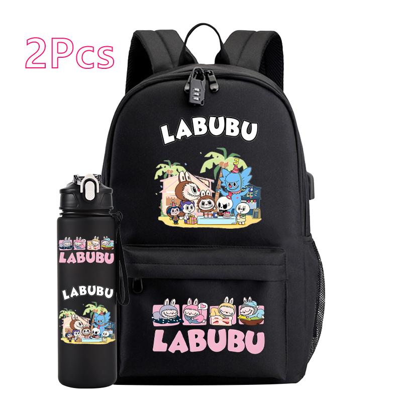 2Pcs/set Cute Canvas Printed Backpack Water Bottle Boy Girl Teen Student Schoolbag Backpack Women Anti-Theft Laptop Travel Bag