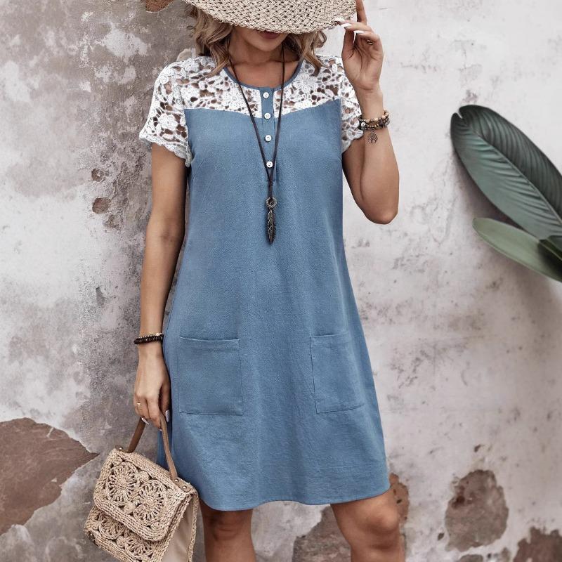 Spring and Summer Women's Casual Loose Color-blocking Lace Patchwork Pocket Dress