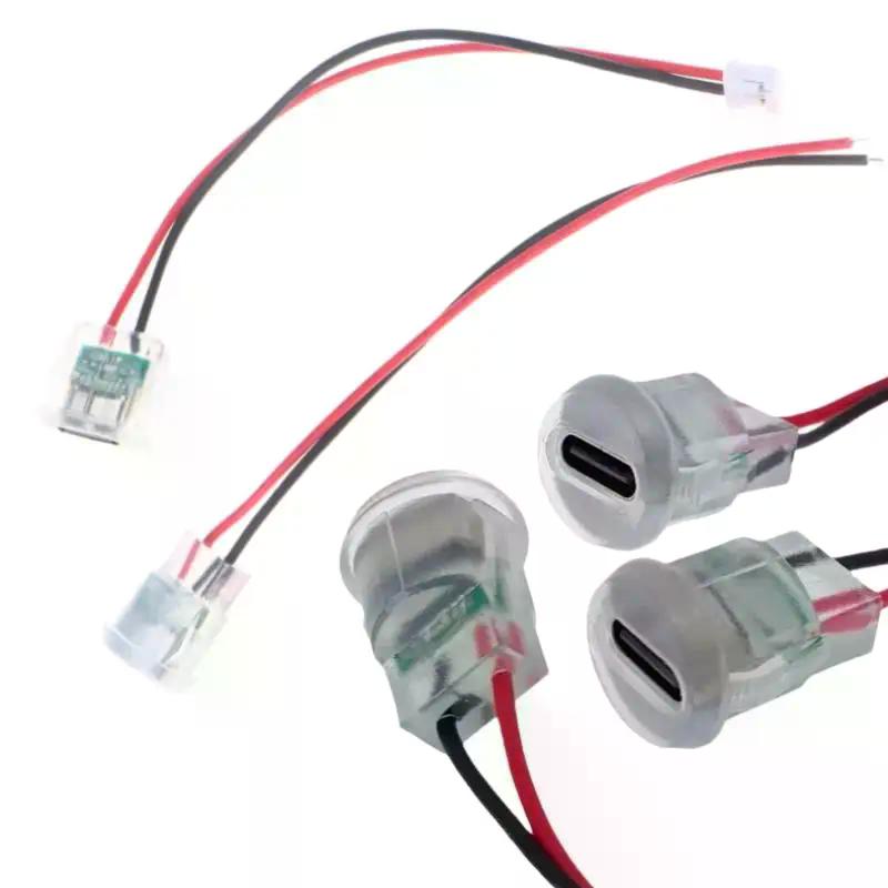 5/10Pcs Waterproof USB-C Power Port Female Connectors Transparent 2Pin USB Type-C With LED Lights Input Type Charging Socket